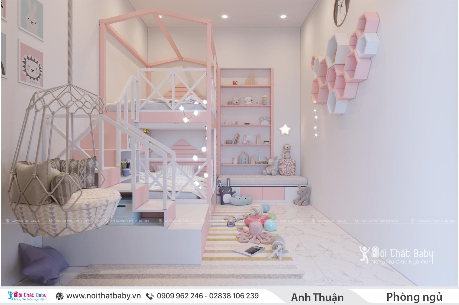 Phòng ngủ bé gái màu hồng - Giường tầng đa năng